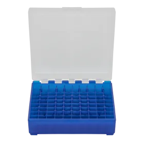 BOITE DE RANGEMENT BLEU COUVERCLE TRANSPARENT 100 MUNITIONS CAL 9MM
