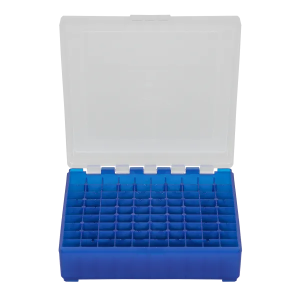 BOITE DE RANGEMENT BLEU COUVERCLE TRANSPARENT 100 MUNITIONS CAL 9MM