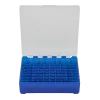 BOITE DE RANGEMENT BLEU COUVERCLE TRANSPARENT 100 MUNITIONS CAL 9MM