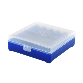 BOITE DE RANGEMENT BLEU COUVERCLE TRANSPARENT 100 MUNITIONS CAL 9MM