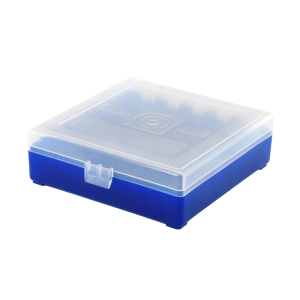 BOITE DE RANGEMENT BLEU COUVERCLE TRANSPARENT 100 MUNITIONS CAL 9MM