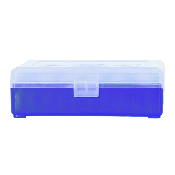BOITE DE RANGEMENT BLEU COUVERCLE TRANSPARENT 100 MUNITIONS CAL 9MM