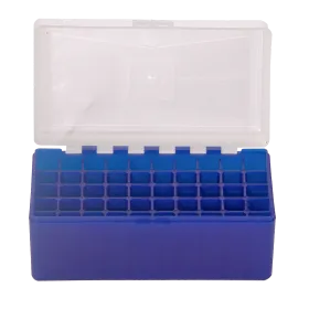BOITE DE RANGEMENT BLEU COUVERCLE TRANSPARENT 50 MUNITIONS CAL 243
