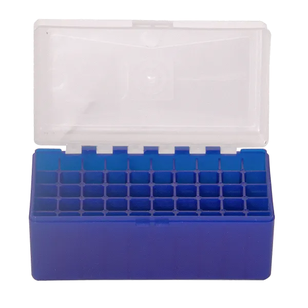 BOITE DE RANGEMENT BLEU COUVERCLE TRANSPARENT 50 MUNITIONS CAL 243