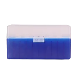 BOITE DE RANGEMENT BLEU COUVERCLE TRANSPARENT 50 MUNITIONS CAL 243
