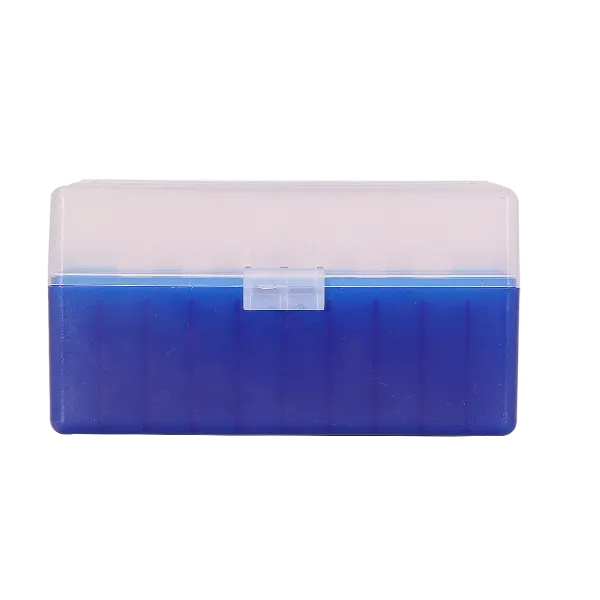 BOITE DE RANGEMENT BLEU COUVERCLE TRANSPARENT 50 MUNITIONS CAL 243