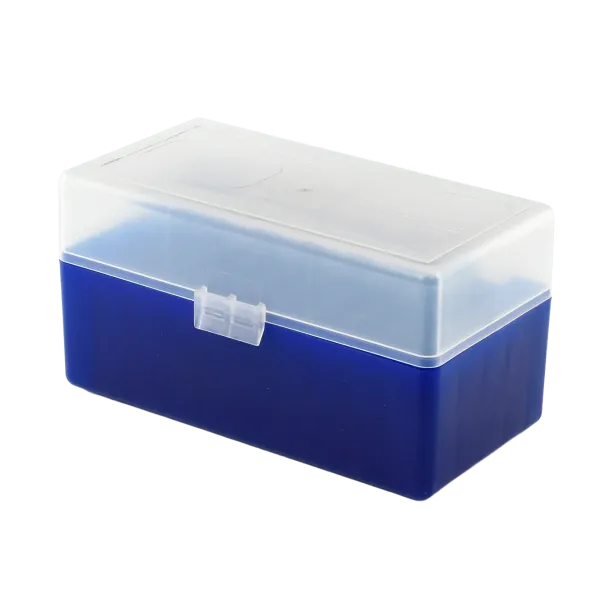 BOITE DE RANGEMENT BLEU COUVERCLE TRANSPARENT 50 MUNITIONS CAL 243