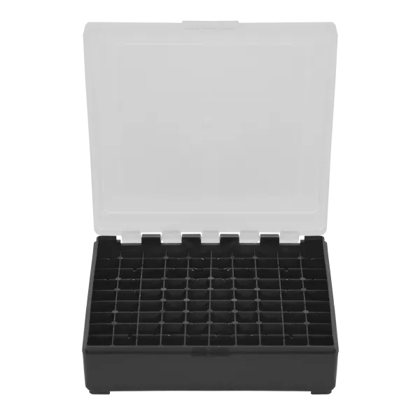 BOITE DE RANGEMENT NOIRE COUVERCLE TRANSPARENT 100 MUNITIONS CAL 22LR - 25 ACP