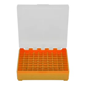 BOITE DE RANGEMENT ORANGE COUVERCLE TRANSPARENT 100 MUNITIONS CAL 9MM