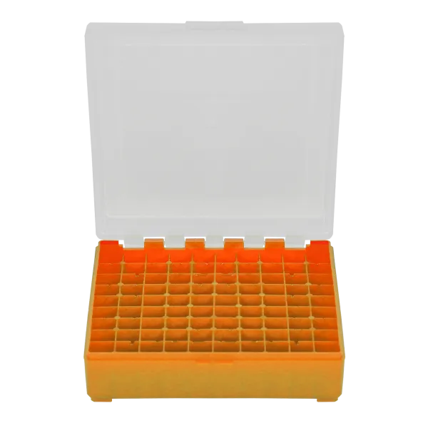 BOITE DE RANGEMENT ORANGE COUVERCLE TRANSPARENT 100 MUNITIONS CAL 9MM