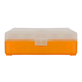 BOITE DE RANGEMENT ORANGE COUVERCLE TRANSPARENT 100 MUNITIONS CAL 9MM