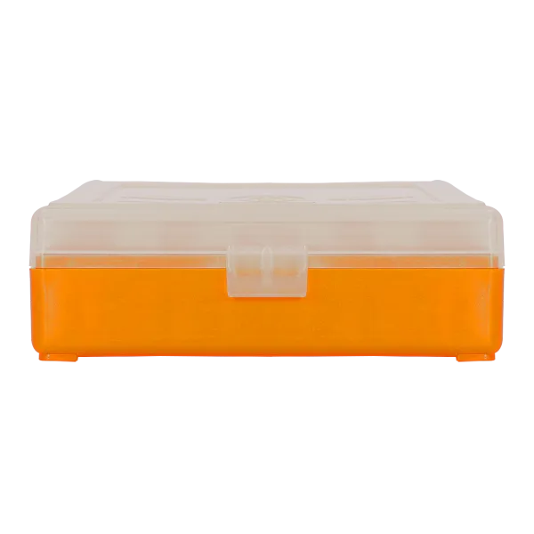 BOITE DE RANGEMENT ORANGE COUVERCLE TRANSPARENT 100 MUNITIONS CAL 9MM