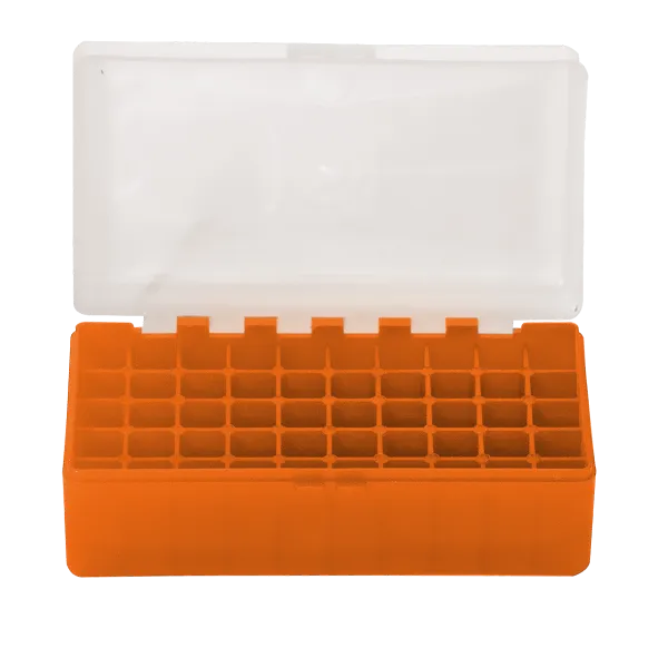 BOITE DE RANGEMENT ORANGE COUVERCLE TRANSPARENT 50 MUNITIONS CAL 223