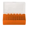 BOITE DE RANGEMENT ORANGE COUVERCLE TRANSPARENT 50 MUNITIONS CAL 223