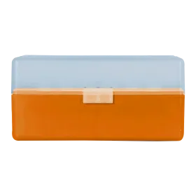 BOITE DE RANGEMENT ORANGE COUVERCLE TRANSPARENT 50 MUNITIONS CAL 223