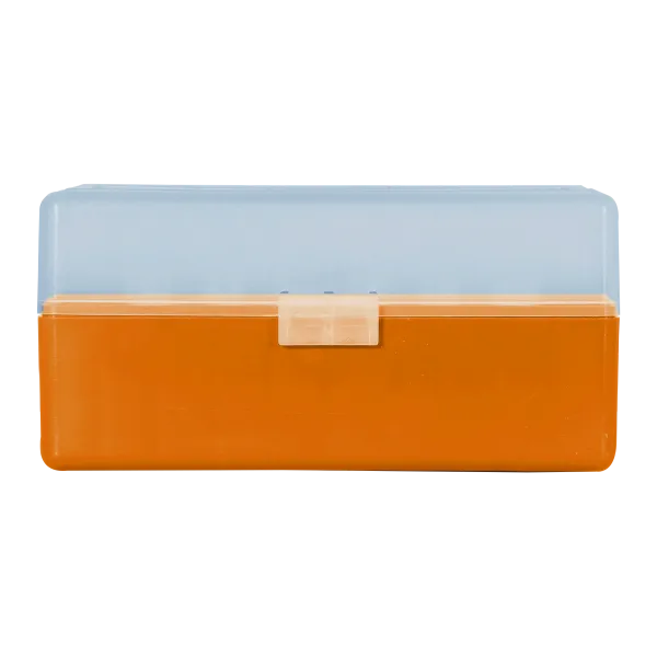 BOITE DE RANGEMENT ORANGE COUVERCLE TRANSPARENT 50 MUNITIONS CAL 223