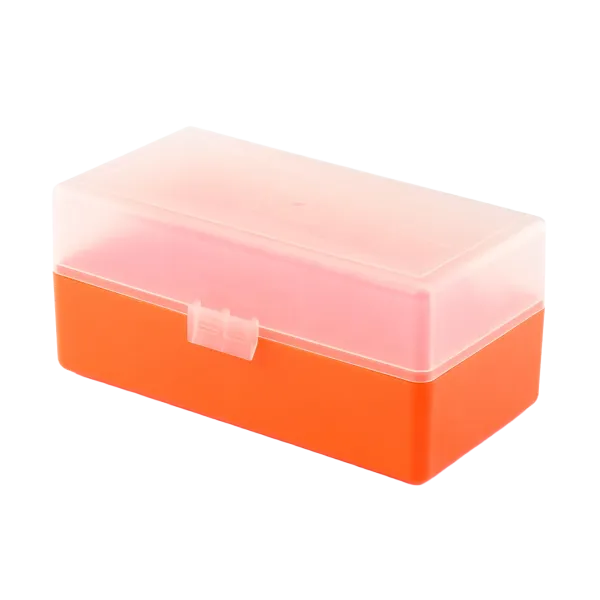 BOITE DE RANGEMENT ORANGE COUVERCLE TRANSPARENT 50 MUNITIONS CAL 223