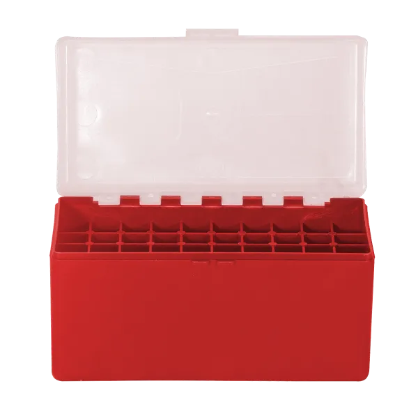BOITE DE RANGEMENT ROUGE COUVERCLE TRANSPARENT 50 MUNITIONS CAL 30-06