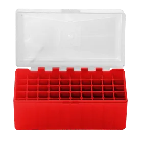 BOITE DE RANGEMENT ROUGE COUVERCLE TRANSPARENT 50 MUNITIONS CAL 357 MAG
