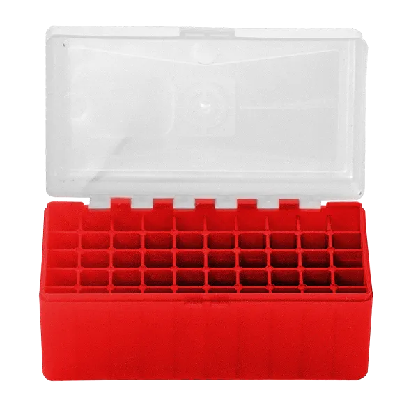 BOITE DE RANGEMENT ROUGE COUVERCLE TRANSPARENT 50 MUNITIONS CAL 357 MAG