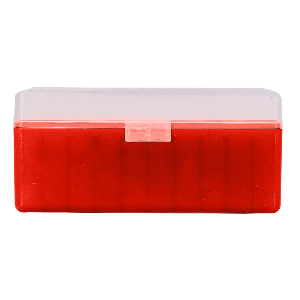 BOITE DE RANGEMENT ROUGE COUVERCLE TRANSPARENT 50 MUNITIONS CAL 357 MAG