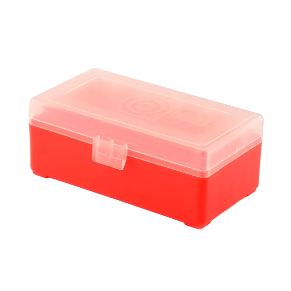 BOITE DE RANGEMENT ROUGE COUVERCLE TRANSPARENT 50 MUNITIONS CAL 357 MAG