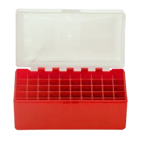 BOITE DE RANGEMENT ROUGE COUVERCLE TRANSPARENT 50 MUNITIONS CAL 45LC/44MAG