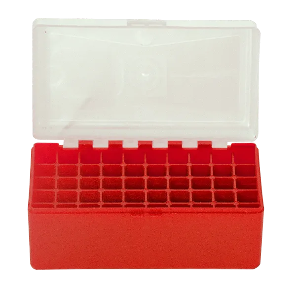 BOITE DE RANGEMENT ROUGE COUVERCLE TRANSPARENT 50 MUNITIONS CAL 45LC/44MAG