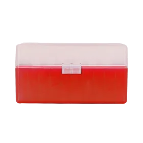 BOITE DE RANGEMENT ROUGE COUVERCLE TRANSPARENT 50 MUNITIONS CAL 45LC/44MAG