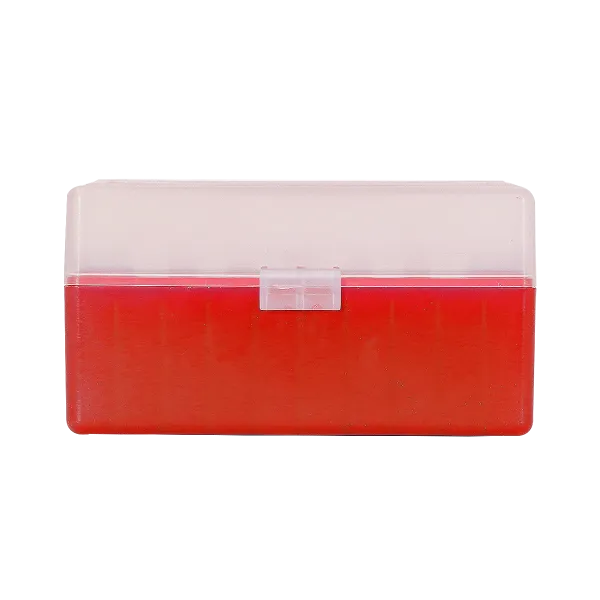BOITE DE RANGEMENT ROUGE COUVERCLE TRANSPARENT 50 MUNITIONS CAL 45LC/44MAG