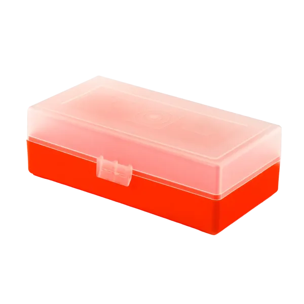 BOITE DE RANGEMENT ROUGE COUVERCLE TRANSPARENT 50 MUNITIONS CAL 45LC/44MAG
