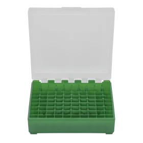 BOITE DE RANGEMENT VERTE COUVERCLE TRANSPARENT 100 MUNITIONS CAL 9MM