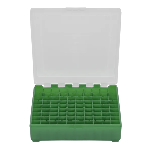 BOITE DE RANGEMENT VERTE COUVERCLE TRANSPARENT 100 MUNITIONS CAL 9MM