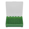 BOITE DE RANGEMENT VERTE COUVERCLE TRANSPARENT 100 MUNITIONS CAL 9MM