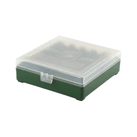 BOITE DE RANGEMENT VERTE COUVERCLE TRANSPARENT 100 MUNITIONS CAL 9MM
