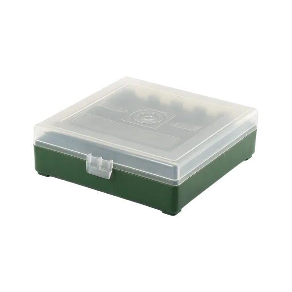 BOITE DE RANGEMENT VERTE COUVERCLE TRANSPARENT 100 MUNITIONS CAL 9MM