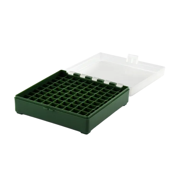 BOITE DE RANGEMENT VERTE COUVERCLE TRANSPARENT 100 MUNITIONS CAL 9MM