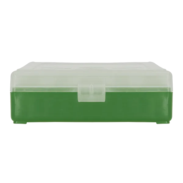 BOITE DE RANGEMENT VERTE COUVERCLE TRANSPARENT 100 MUNITIONS CAL 9MM