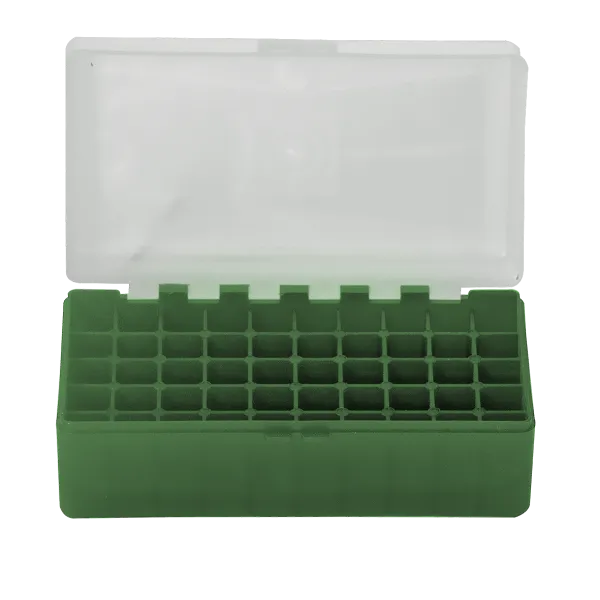 BOITE DE RANGEMENT VERTE COUVERCLE TRANSPARENT 50 MUNITIONS CAL 223