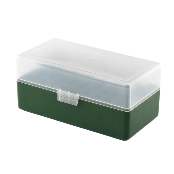 BOITE DE RANGEMENT VERTE COUVERCLE TRANSPARENT 50 MUNITIONS CAL 223