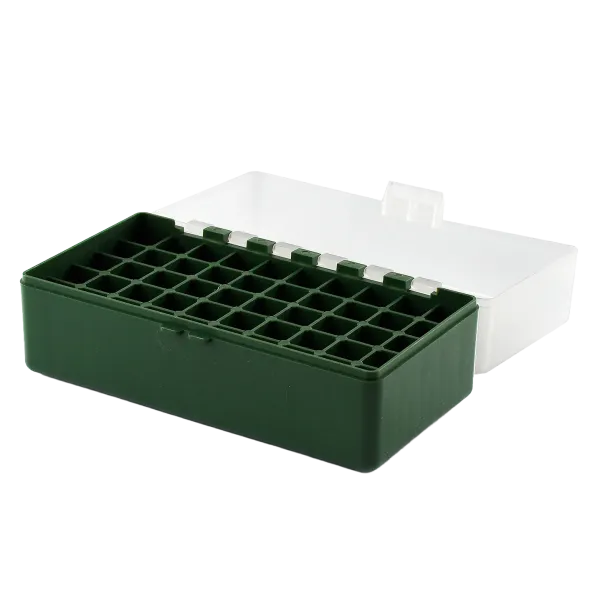 BOITE DE RANGEMENT VERTE COUVERCLE TRANSPARENT 50 MUNITIONS CAL 223