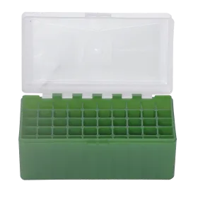 BOITE DE RANGEMENT VERTE COUVERCLE TRANSPARENT 50 MUNITIONS CAL 243