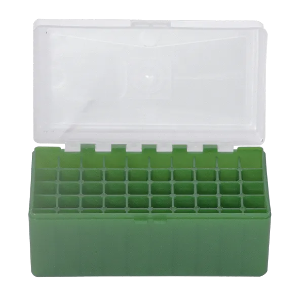 BOITE DE RANGEMENT VERTE COUVERCLE TRANSPARENT 50 MUNITIONS CAL 243