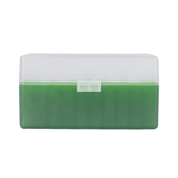 BOITE DE RANGEMENT VERTE COUVERCLE TRANSPARENT 50 MUNITIONS CAL 243