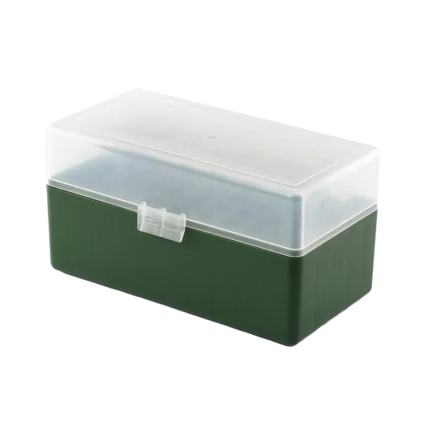 BOITE DE RANGEMENT VERTE COUVERCLE TRANSPARENT 50 MUNITIONS CAL 243