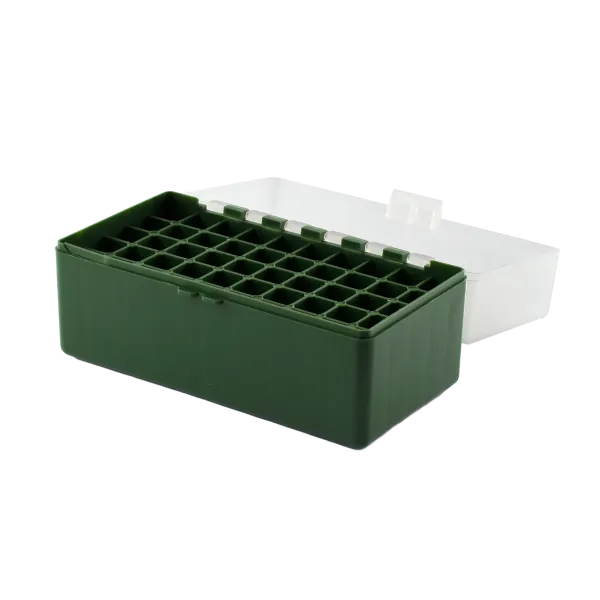 BOITE DE RANGEMENT VERTE COUVERCLE TRANSPARENT 50 MUNITIONS CAL 243