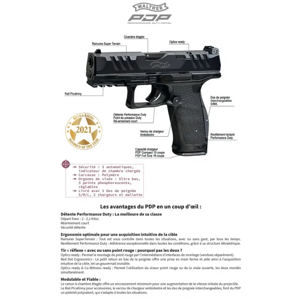 PIST PDP COMPACT WALTHER 4'' CAL 9X19, 15 COUPS - OD GREEN