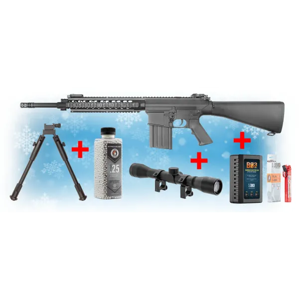 PACK Noël AEG SR25 Double Bell airsoft PACK NOEL SR25 + SCOPE + BIPIED + BILLES+ BATTERIE + CHARGEUR