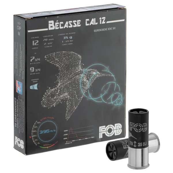 FOB 12/70 Spéciale Bécasse 35g Plomb 7 3/4 + 9 3/4 12/70 n° 7 ¾ et n° 9 ¾