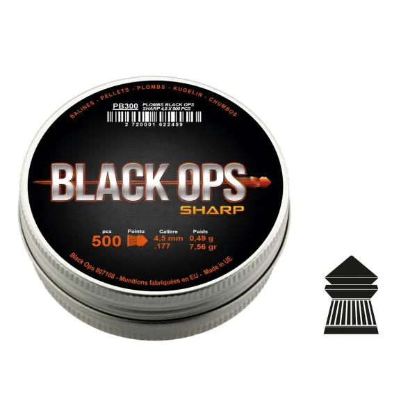 Boîte de 500 plombs Black Ops Sharp à tête pointue cal. 4.5 mm Plombs Black Ops
